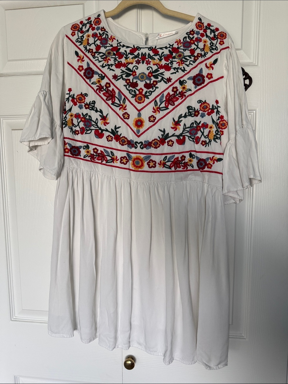 White Embroidered Boho Mini Dress with Multi-Color Floral Detail